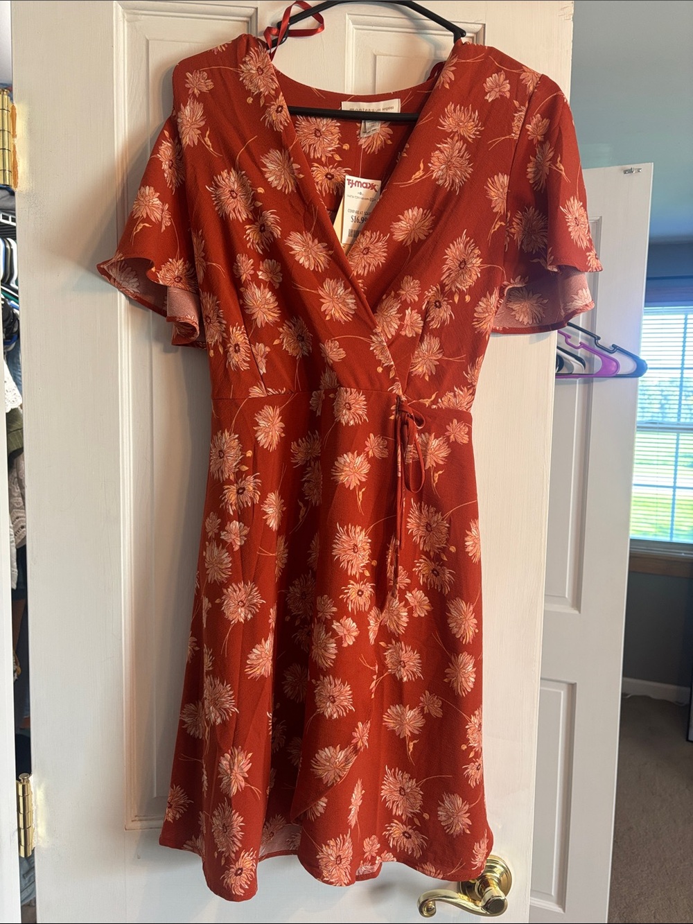 Rust Floral Midi Wrap Dress with Tie Waist